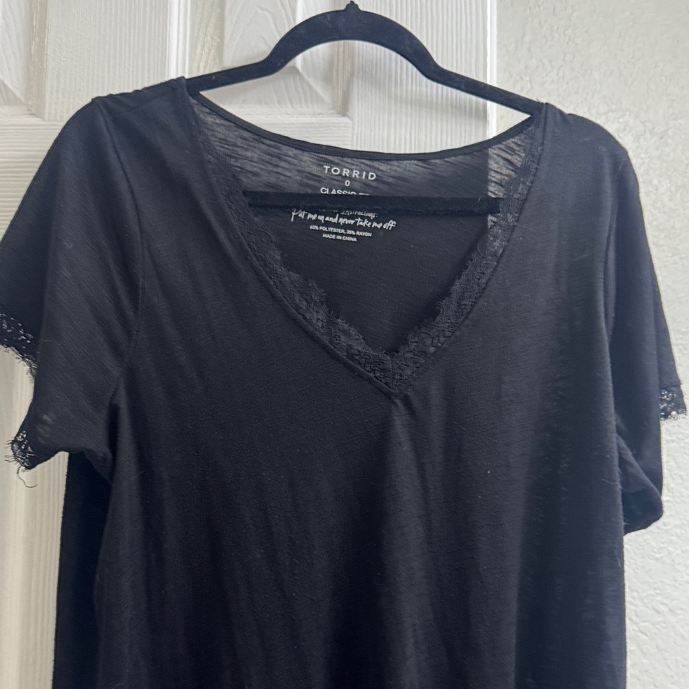 Torrid Black V-Neck Tee with Lace Edges